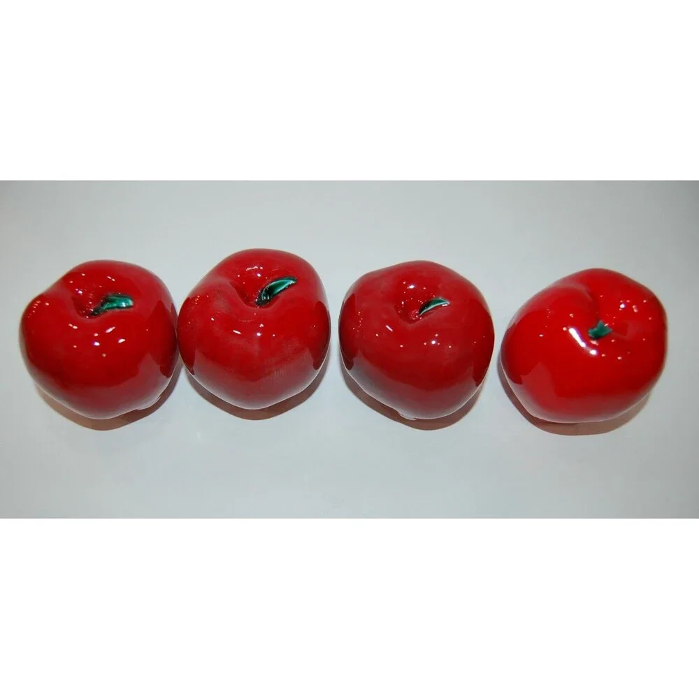 4 RED CERAMIC APPLES FAUX FRUIT FAKE ARTIFICIAL SHINY TABLE STAGING DECOR 3.5